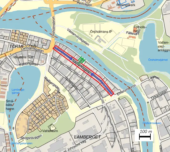 Karta över område i Karlstad där en skyfallsväg är markerad.