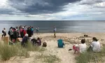 Presentation about life environments on the beach, standing on a sand model of Kristianstad.