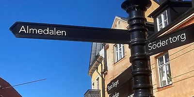 Svart vägvisare i Visby med skyltar mot Almedalen och Södertorg framför bebyggelse och blå himmel.