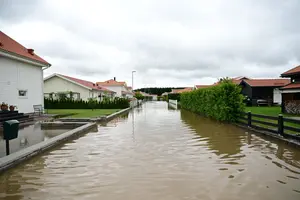Översvämning på gata i villaområde.