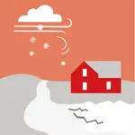 Illustration som visar snö som bildas i ett moln och utsätter en bostad för en isstorm.