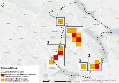 Karta som visar värmeöar i Solna, enligt kartläggningen.