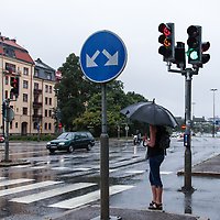 Person med paraply väntar vid ett övergångsställe i regnigt stadsväder. Bilar kör på den våta vägbanan och trafikljusen lyser i korsningen.