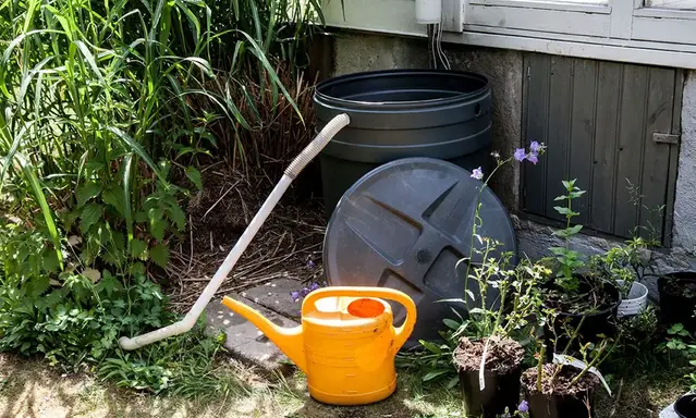 Collecting rainwater in a bucket.