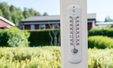 Termometer i villaträdgård visar hög temperatur