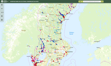 Karta som visar inträffade skred i Sverige