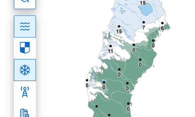 Karta som visar snödjup i Sverige.