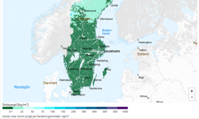 Karta över snötygn och snölastzooner i Sverige.