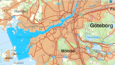 Karta över Göta älv i Göteborg (Översvämningsportalen, MSB)